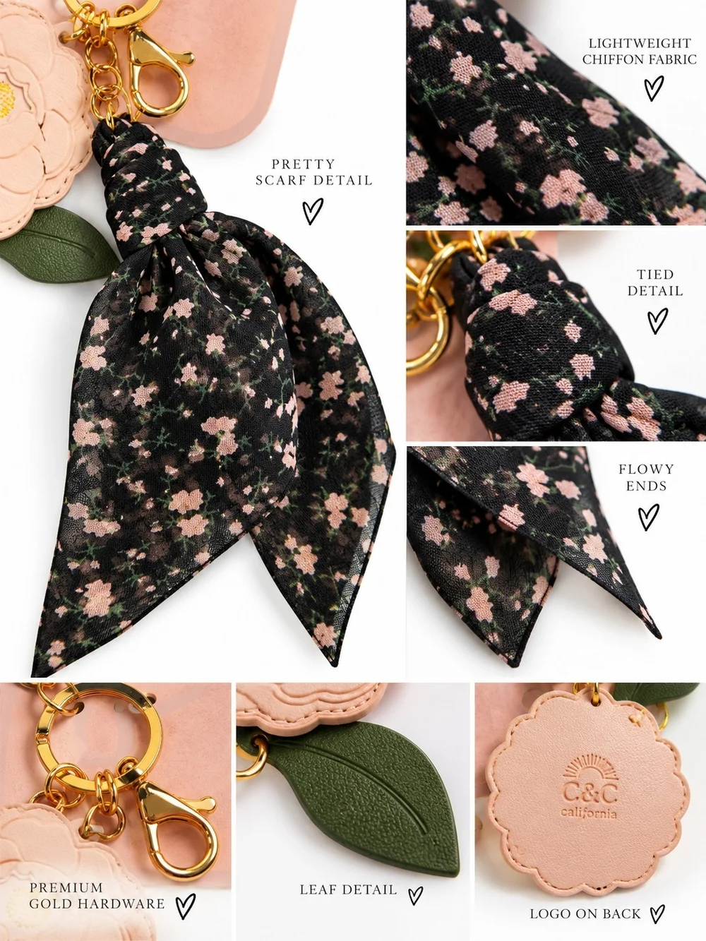 C&C California Pink Flower Floral Scarf Bag Charm Keychain NWT